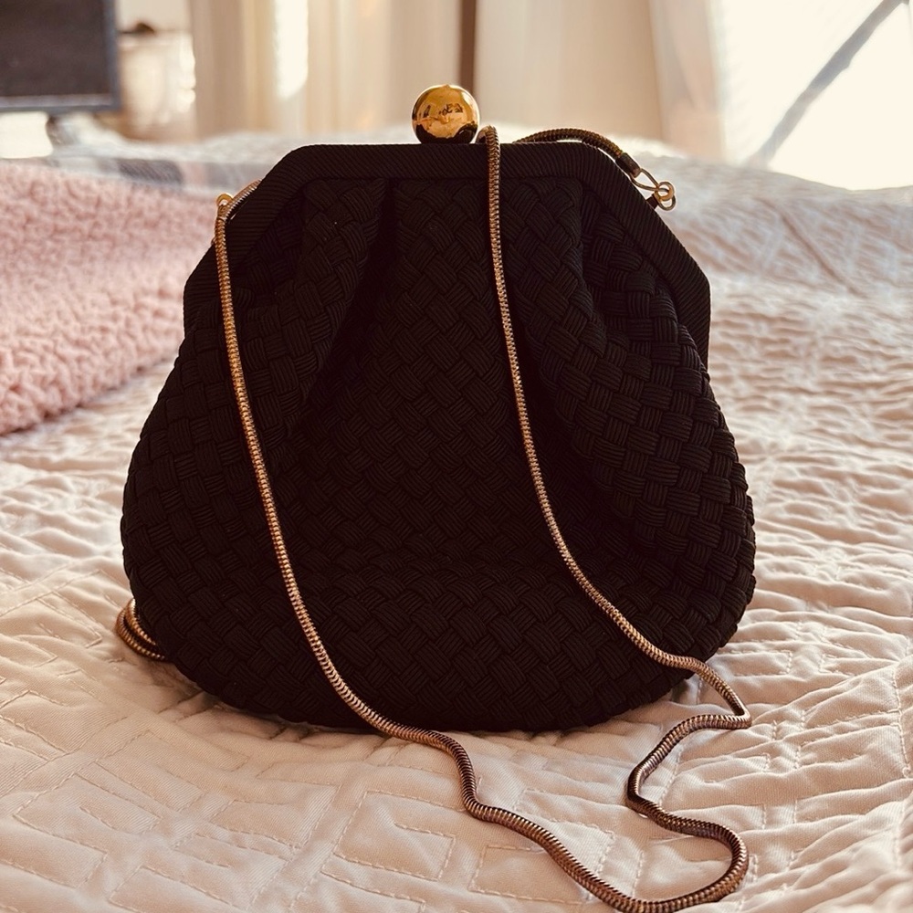Vanessa handbag - black woven  - mini bag with shoulder strap in metal